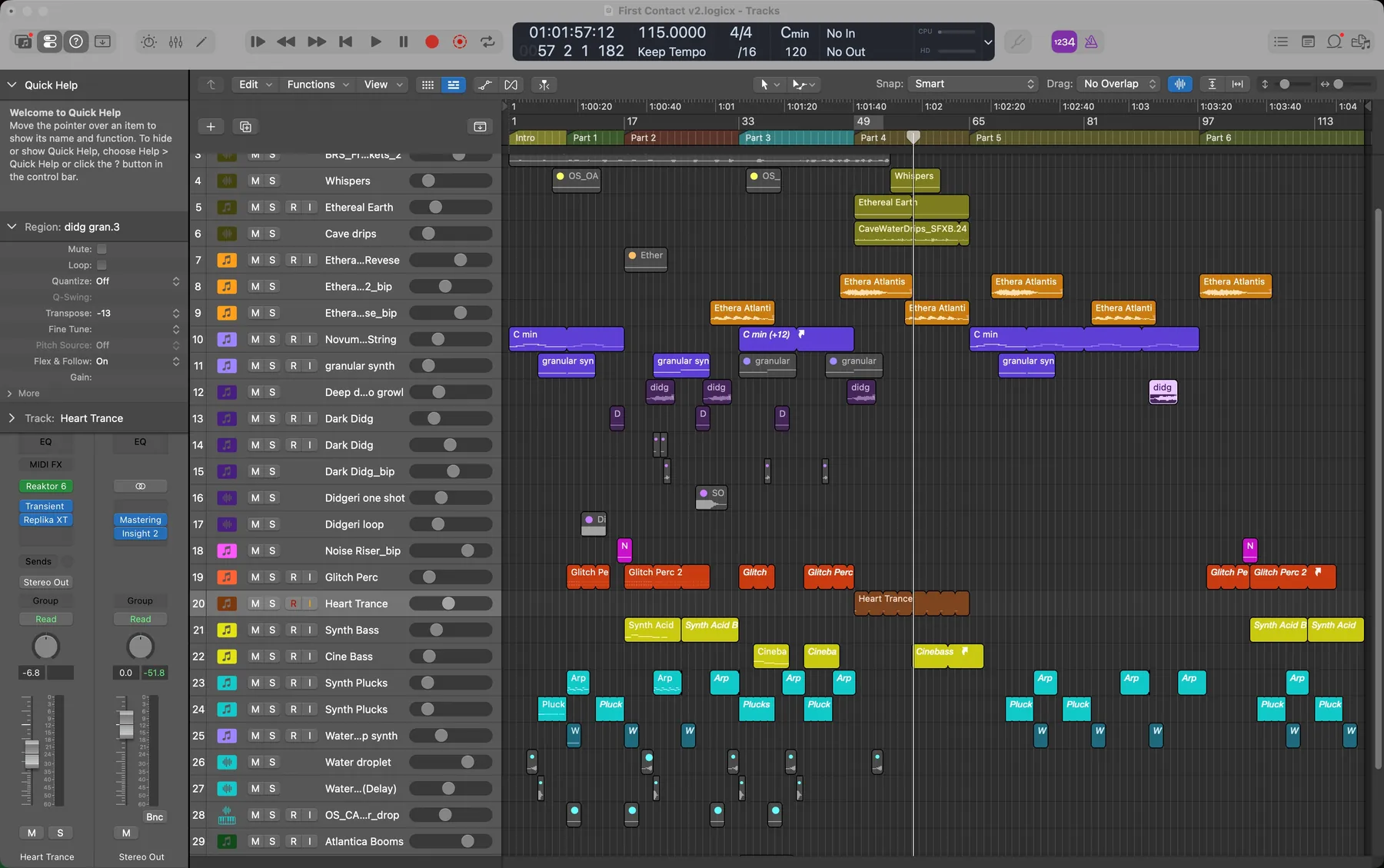 Logic session for First Contact, arranged in layers